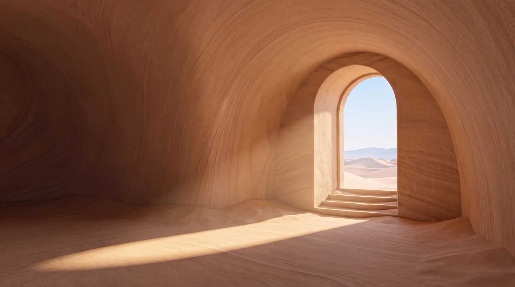 A carved sand chamber lit by late sunlight through an arched doorway.