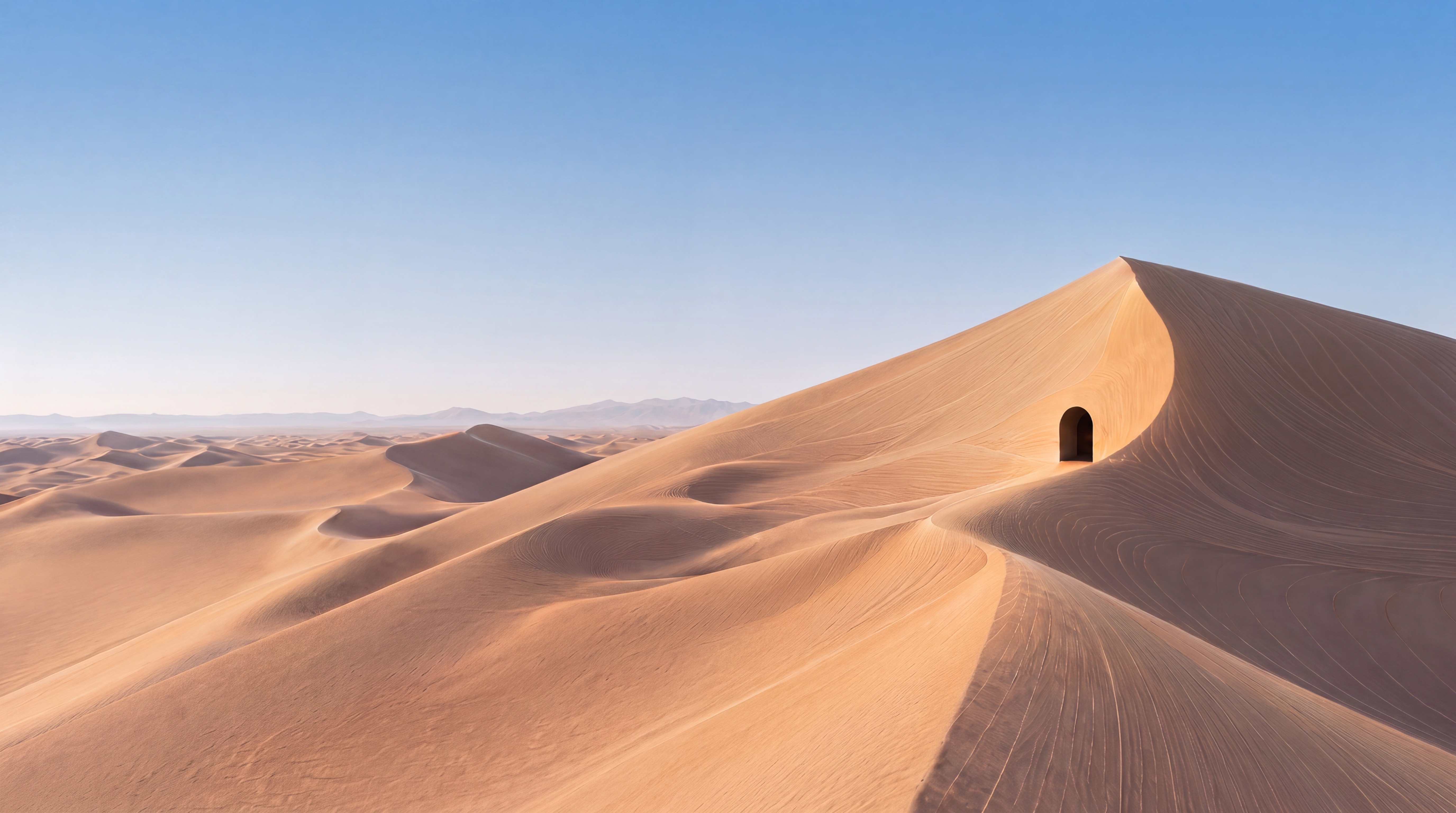 A sculpted dune opens into a dark arched passage in the Namib landscape
